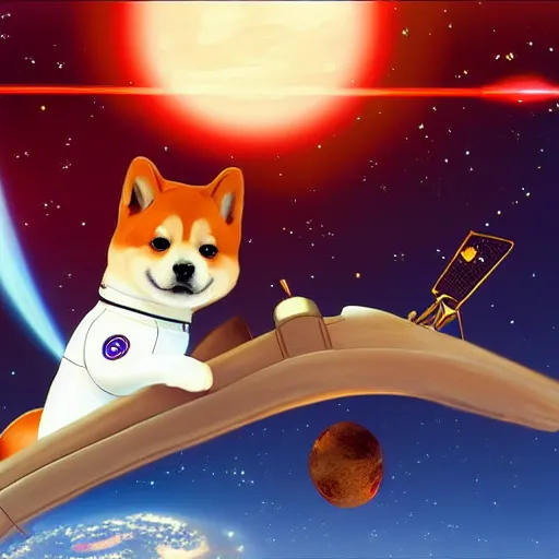 Image similar to cute shiba in an astronaut suit steering a flying ship, treasure planet style, digital art, 4 k, realistic, vivid colors