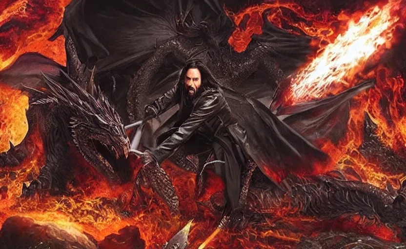 Image similar to keanu reeves dressed in wizard robes fighting a dragon on a fantasy battlefield