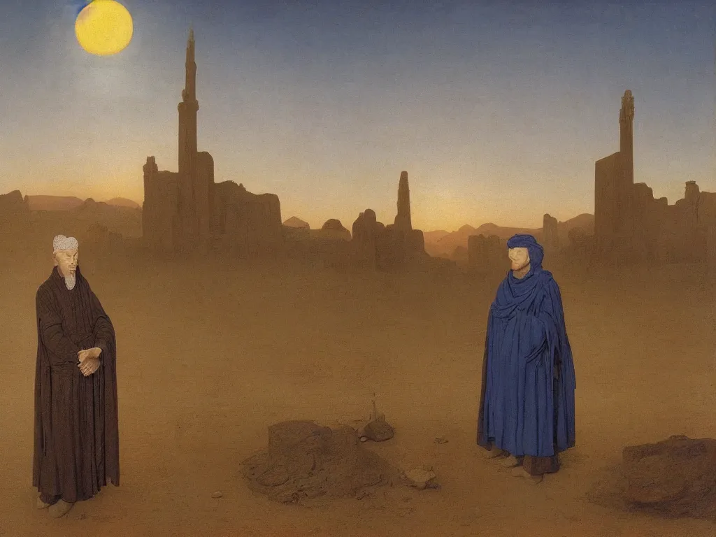 Image similar to Portrait of albino mystic with blue eyes, with ruins of a mosque in the distance in the desert. Sandstorm, sunset. Painting by Jan van Eyck, Caspar David Friedrich, Rene Magritte, Agnes Pelton, Max Ernst, Walton Ford