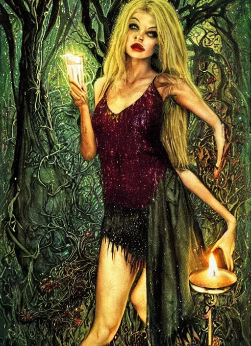 Image similar to seventies slim young horror actress, sequin top, candlelit forest, strong line, deep color, beautiful! coherent! by brom, by brian froud