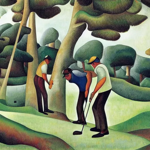 Image similar to Three golfers on a beautiful golf course, by Diego Rivera