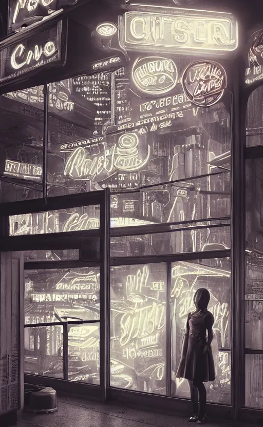 Prompt: vertical movie frame portrait of girl in 5 0's retro restaurant interior, neon - decorated urban on night in the city seen through the window, modern interior design, architectural design, vintage, night blade runner, dark, postapocalyptic, clean lines, 4 k, octane, asian futuristic city at distance, big windows, octane, wide angle