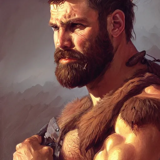 Image similar to portrait of a rugged ranger, muscular, upper body, hairy torso, D&D, fantasy, intricate, elegant, highly detailed, digital painting, artstation, concept art, matte, sharp focus, illustration, art by Artgerm and Greg Rutkowski and Alphonse Mucha