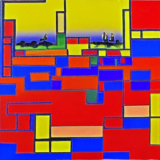 Image similar to psychedelic dream of the Beatles in an abstract background by Mondrian viewed from Mulholland drive