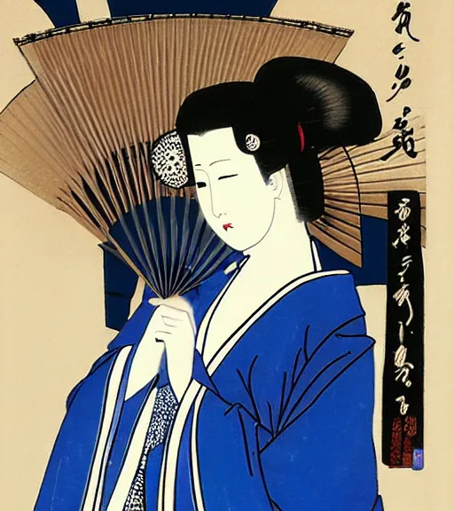 Image similar to madonna the singer in a beautiful kimono holding in her hand a fan, sitting on the floor next to a black and white playing cat, in the background a folding screen with blue irises and a window with bamboo. in the style of bijin - ga.