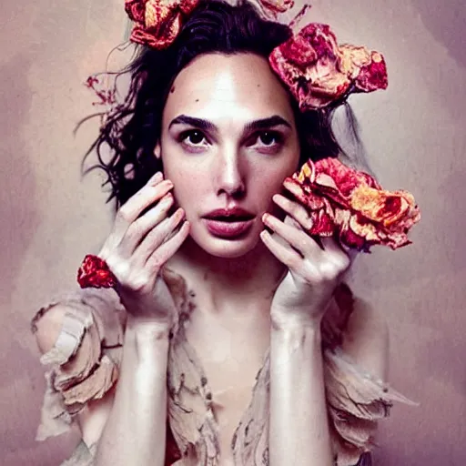 Image similar to full body fine art photo of the beauty gal gadot, she is merging from dried roses, taken by oleg oprisco