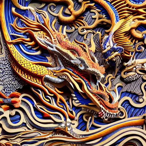 Prompt: chinese dragons party,highly detailed,intricate,complex,layered,sharp focus, trending on artstation, award winning,wall carving photo