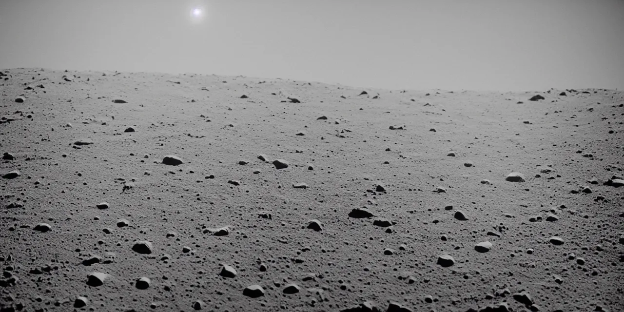 Image similar to view from the surface of the moon, cinematic film still, film grain, looking up at tall white space, glowing landing lights on spaceship, stars and space in the background, fog and dust, full frame photography