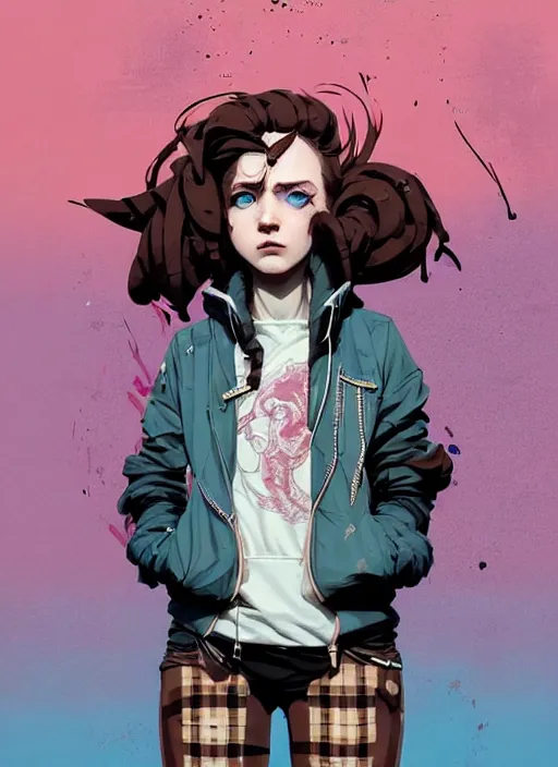 Image similar to highly detailed portrait of a sewer punk young adult lady, blue eyes, tartan hoody, ringlet hair by atey ghailan, by greg rutkowski, by greg tocchini, by james gilleard, by joe fenton, by kaethe butcher, gradient pink, brown, light blue and white color scheme, grunge aesthetic!!! ( ( graffiti tag wall background ) )