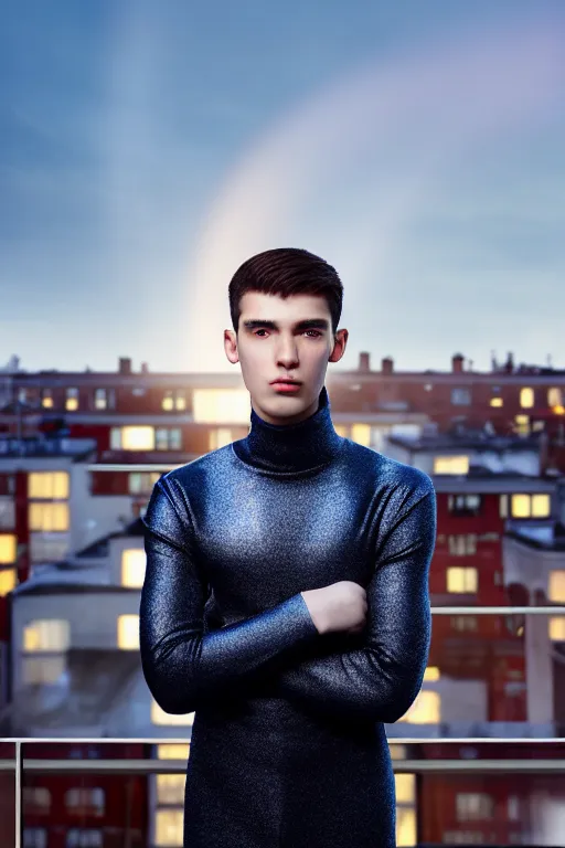 Image similar to un ultra high definition studio quality photographic art portrait of a young man standing on the rooftop of a british apartment building wearing soft padded silver pearlescent clothing. three point light. extremely detailed. golden ratio, ray tracing, volumetric light, shallow depth of field. set dressed.