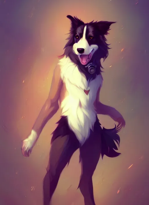 Image similar to wide angle beautiful full body portrait of a cute male anthropomorphic anthro border collie fursona wearing a tank top, character design by charlie bowater, henry asencio, and ross tran, furry art, furaffinity, beautiful, glamor pose, detailed, aesthetic, trending on artstation