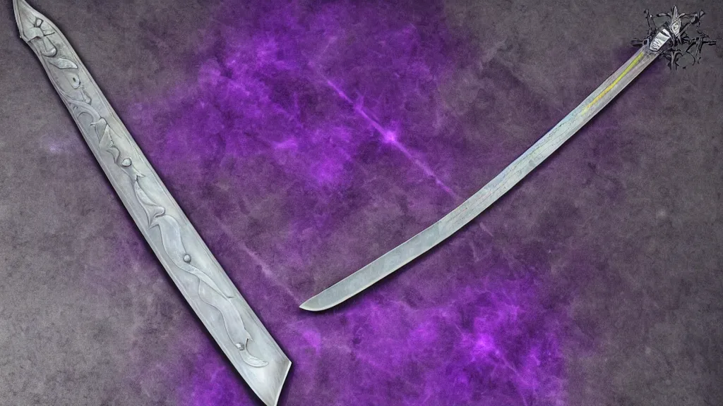 Image similar to medieval broad sword, purple aura, purple inscription, intrinsic design, hyper detailed, 4 k, 8 k