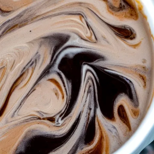 Image similar to close-up of nitro-cold-brew-coffee mixing with cream, perfect turbulence mixing cream-and-coffee, swirled, texture,