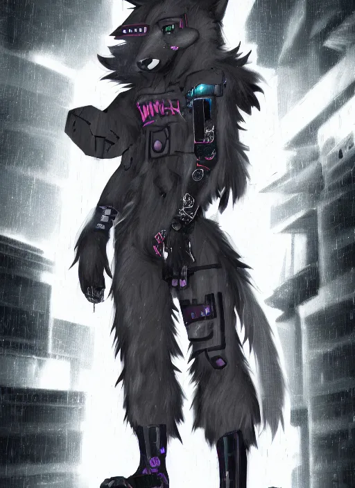 Image similar to character portrait of a male muscular anthro wolf fursona with a tail and a cute beautiful attractive detailed furry face wearing stylish cyberpunk clothes in a cyberpunk city at night while it rains. color page, tankoban, 4K, tone mapping. Nomax, Kenket, Rukis.