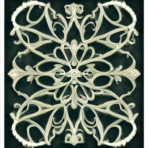 Prompt: geometrically displaced rococo floral filigree, dramatic lighting with hints of neon trim, bilateral symmetry, full color