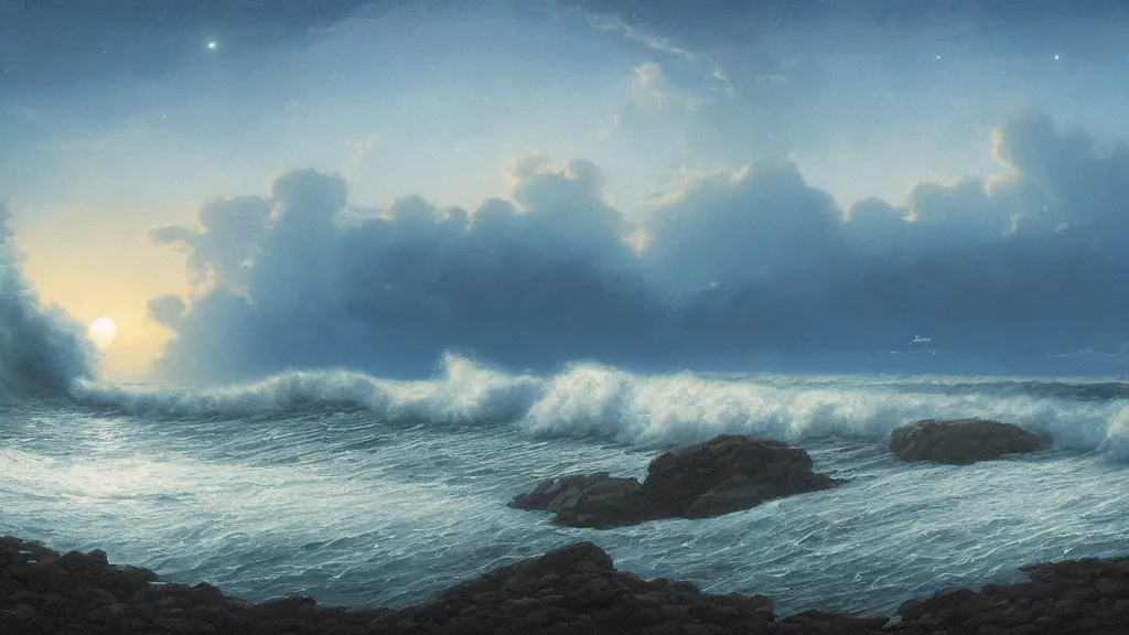 Image similar to first person view of breaking waves on the shore during the night, blue toned, night sky, moonlit , sea breeze rises in the air, by andreas rocha and john howe, and Martin Johnson Heade, featured on artstation, featured on behance, golden ratio, ultrawide angle, f32, well composed