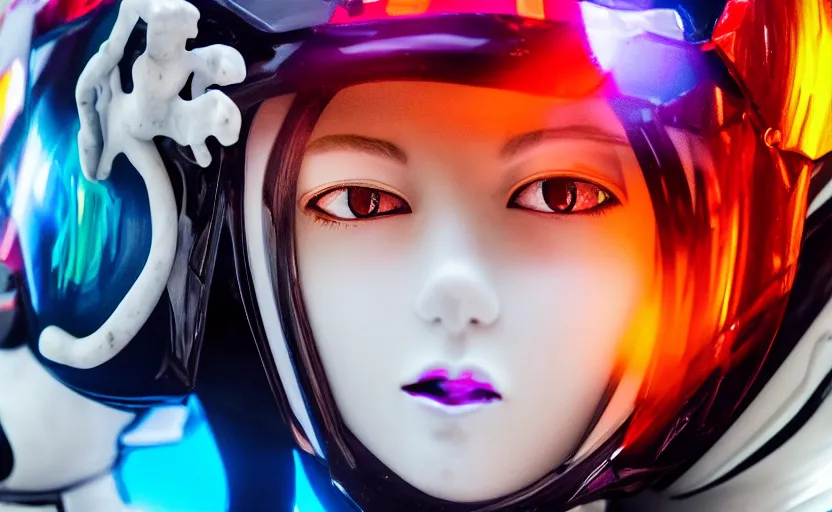 Prompt: beautifully lit extreme close up photo of a white marble statue of an anime girl with colorful motocross logos and motorcycle helmet with closed visor, colorful smoke in the background, carved marble statue, fine art, neon genesis evangelion, virgil abloh, offwhite, denoise, highly detailed, 8 k, hyperreal