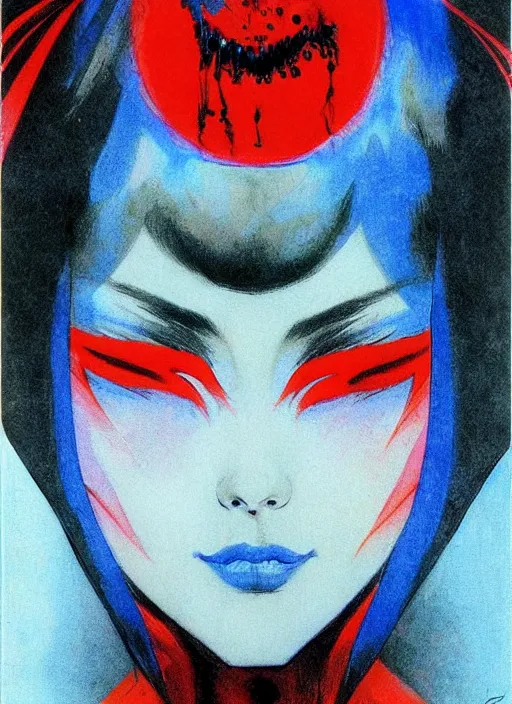 Prompt: portrait of mighty korean vampiress, jeweled veil, blue and red, strong line, saturated color, beautiful! coherent! by frank frazetta, high contrast, minimalism