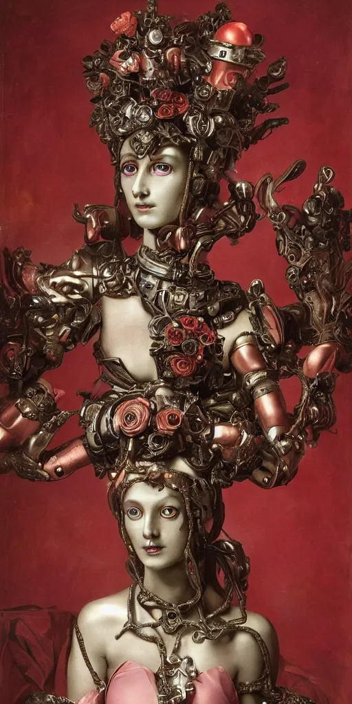 Image similar to a young beautiful Italian metal android with a large glowing pink crystal in the center of her chest, full-body bronze cyberpunk style statue of Andromeda with glowing red eyes, crown of mechanical peach roses, flowing peach silk, fabric, steampunk flowers. baroque elements, human skull. full-length view. baroque element. intricate artwork by caravaggio. many flying horses on background. Trending on artstation, octane render, cinematic lighting from the right, hyper realism, octane render, 8k, depth of field, 3D