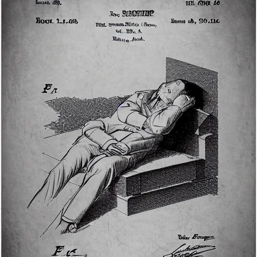 Image similar to sleeping man as a patent drawing. looking at camera. technical drawing. mathematical.