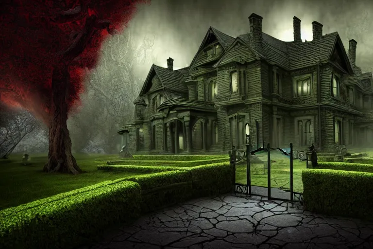 Prompt: 8 k national geographic dslr award winning photo render of a old mansion, stone fence with gates, fog, arkham horror, lovecraft, tentacles, blood, evil fluid, crazy furniture, volumetric lighting, strong colors, reflections, beautiful wall murals, shadows, sunbeams, atmosphere, vibe, raytracing, very detailed, giger, green and black colors