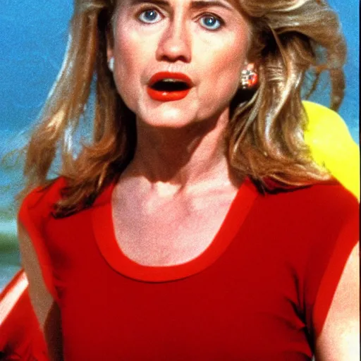 Prompt: color still shot of hillary clinton on baywatch 1 9 8 9 tv show, face closeup,