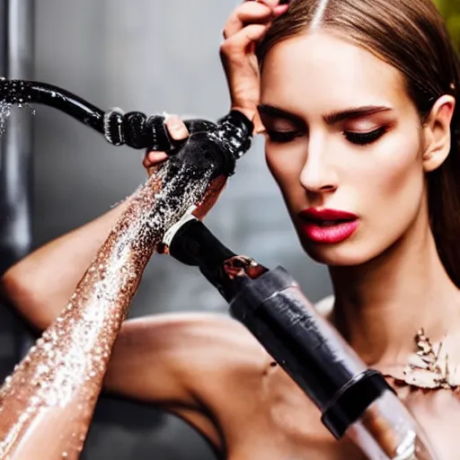 Prompt: close up of a fashion model is getting sprayed by a hose, luxury dress, official valentino editorial, highly detailed