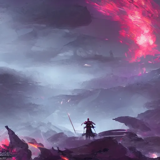 Image similar to a single armored samurai standing in the ruins of crux prime, purple fiery maelstrom in the distance, digital art, artstationhq