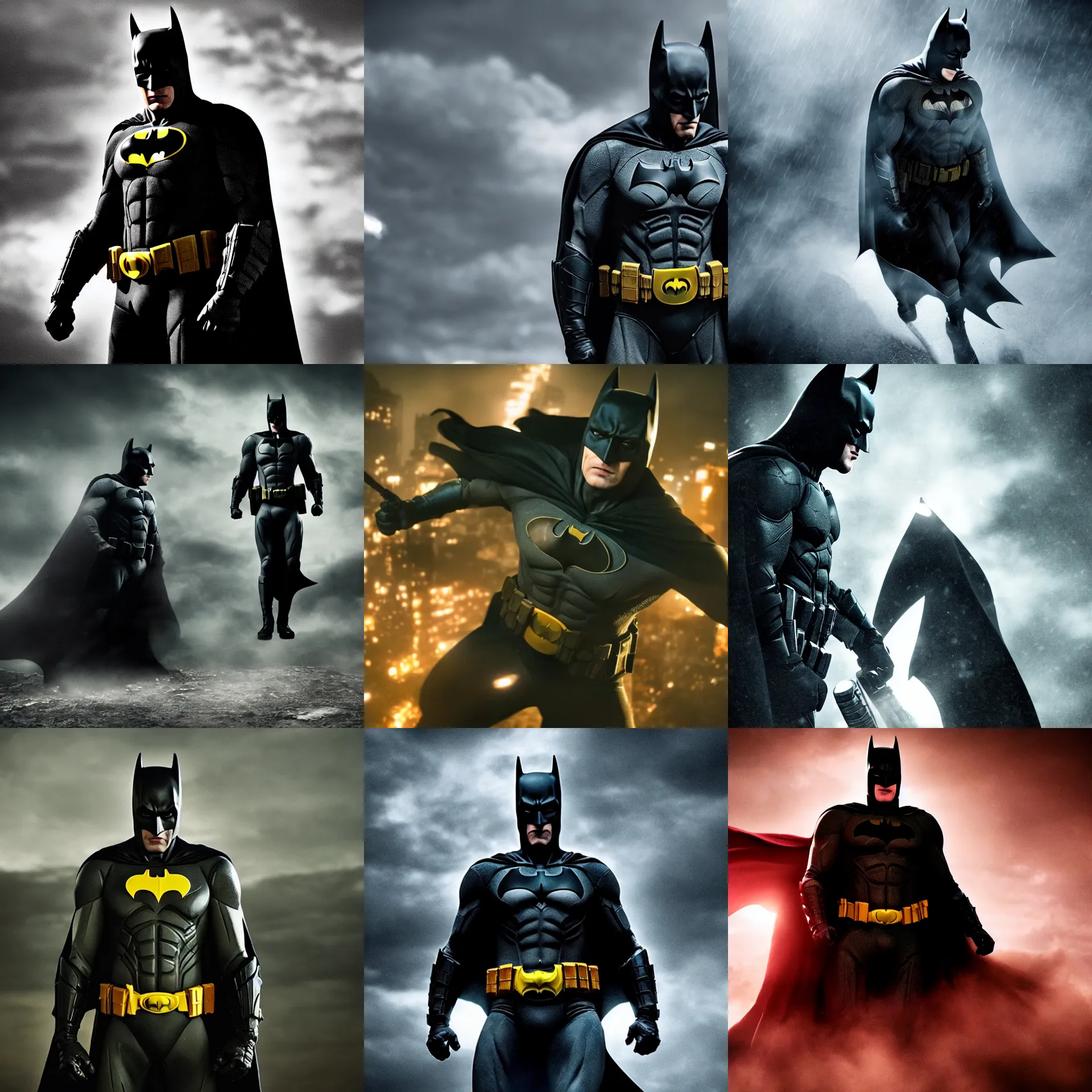 Prompt: Film still of mysterious Batman pose, dramatic scene, cinematic scene, dramatic lighting, focus, UHD