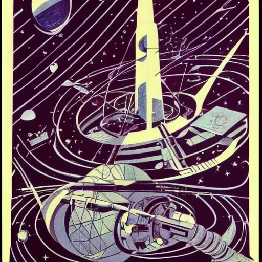 Prompt: space travel. graphical work by anatoly fomenko and bilibin and giger and lissitzky