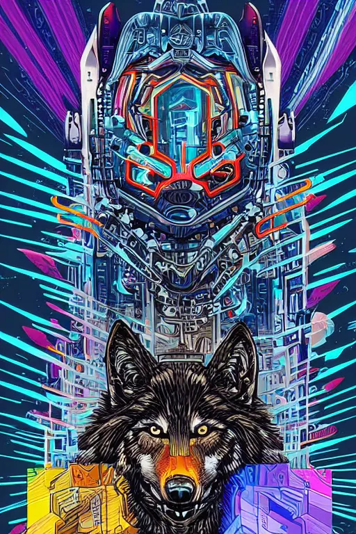 Prompt: wolf in a future cybernetic city with thunders in the sky , outrun style and colours, trending on arstation, by dan mumford, by ross tran, tarot card, symmetry