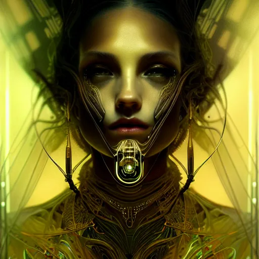 Image similar to extremely psychedelic beautiful cyborg virus infected by night. intricate, elegant, highly detailed, extremely lifelike photorealistic digital painting, artstation. steichen, gaston bussiere, tom bagshaw, cyberpunk alphonse mucha. elegant minimalism. anatomically correct. sharp focus. black and gold. surreal lush hallucination