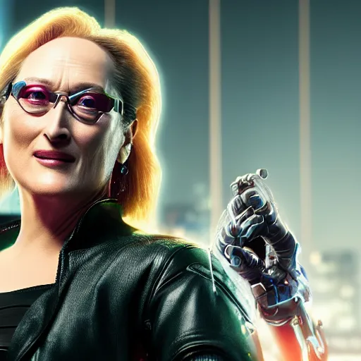 Prompt: Meryl Streep portrait, Cyberpunk 2077, ultra photorealistic, cybernetic body parts, neon, octane, bokeh, 8k