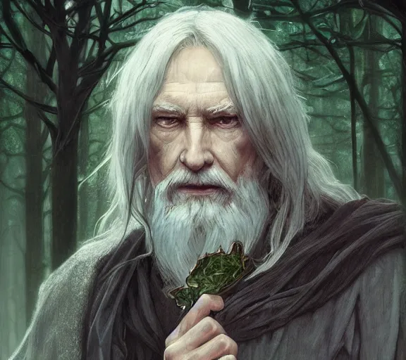 Image similar to portrait of old forest druid, pale skin, green eyes, long grey hair, simple clothes, high fantasy, dnd, d & d, illustration, by artgerm, greg rutkowski, alphonse mucha - h 7 6 8