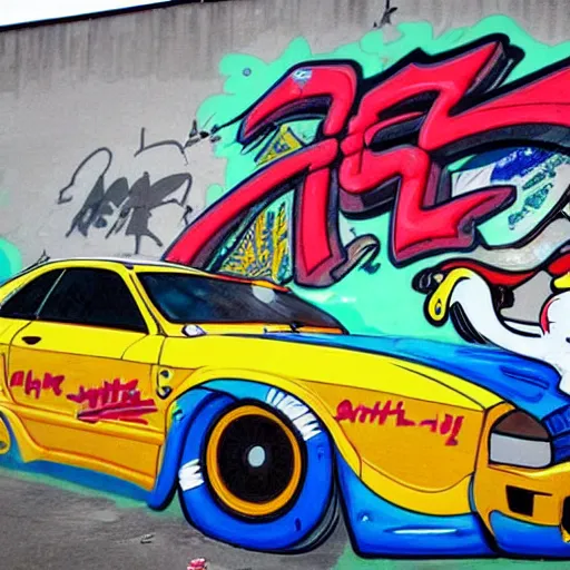 Prompt: a seagull driving a drift car, cartoon, graffiti on a wall, award-winning, coherent