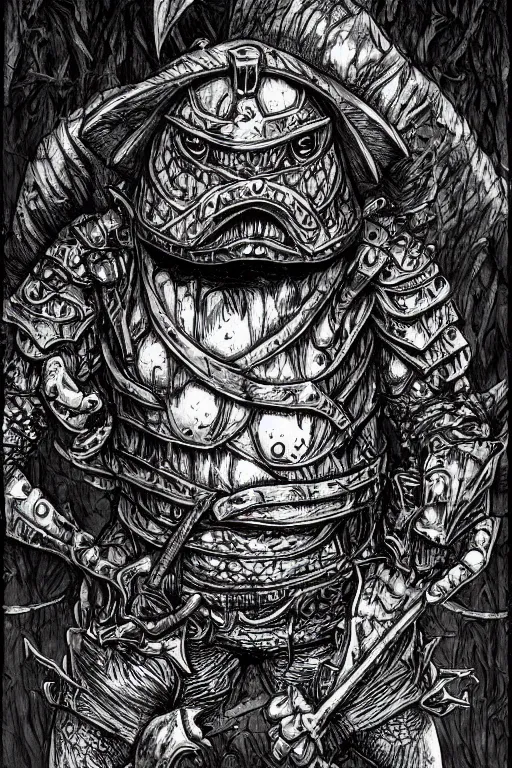 Image similar to toad gobling, wearing armour, swamp, symmetrical, highly detailed, digital art, sharp focus, trending on art station, kentaro miura manga art style