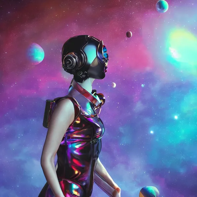Prompt: - a seductive women with astronaut helmet, standing on the edge of the universe trying to make sense of the world with psychedelic backgrounds, 4 k, trending on artstation, renaissance