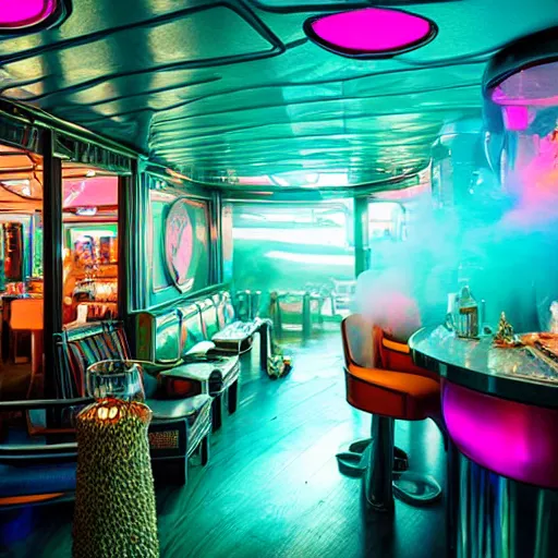 Prompt: architectural digest photo, inside dark and moody crowded futuristic tiki bar inside a yacht, tropical plants, blue lighting with small pastel orange and pink accent lights, crowd of cool people dancing, haze, volumetric fog, ray - tracing lighting and reflections