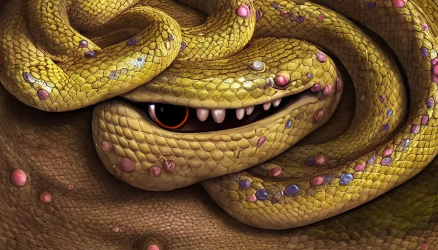 Prompt: hybrid of a [ happy snake with diamond eyeballs ] and [ sad clown ], rule of thirds, beautiful detailed face, ultra realistic, concept art, intricate details, serious, highly detailed, photorealistic, octane render, 8 k, unreal engine, detailed oil painting.