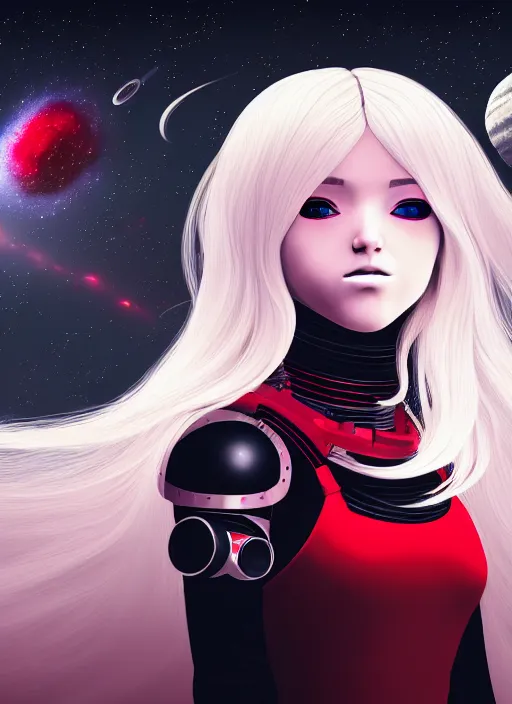 Prompt: highly detailed portrait of a hopeful pretty astronaut lady with a wavy blonde hair, by George Lucas, 4k resolution, nier:automata inspired, bravely default inspired, vibrant but dreary but upflifting red, black and white color scheme!!! ((Space nebula background))