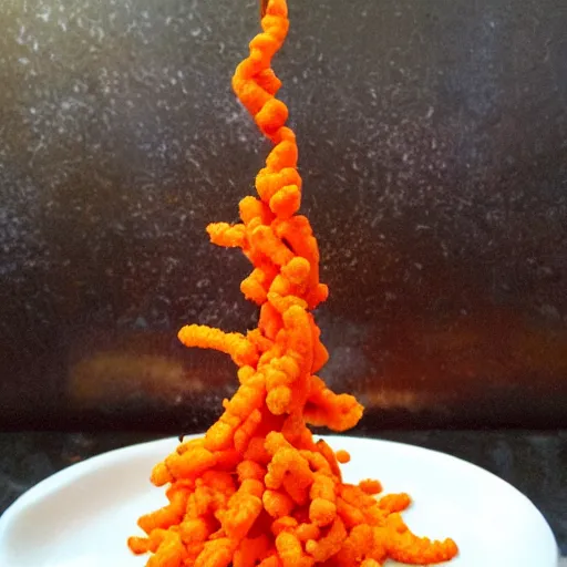 Prompt: a flaming hot cheetos cheese volcano