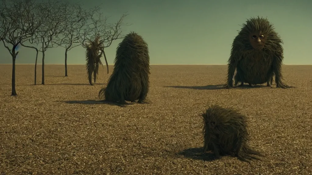 Prompt: the creature that knows where I live, made of oil, film still from the movie directed by Denis Villeneuve with art direction by Salvador Dalí, wide lens