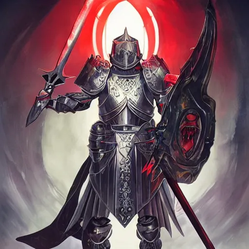 Image similar to Knight with black greatsword and black plate armour, one-eyed, emitting evil red aura, armor merging with body, full body shot, anime style, 90's modern art, art by artgerm and greg rutkowski and alphonse mucha