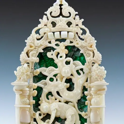 Prompt: a intricate ivory carving sculpture with birds lemons jade stones and jungle leaves, ornate, complex, highly detailed, fine detail