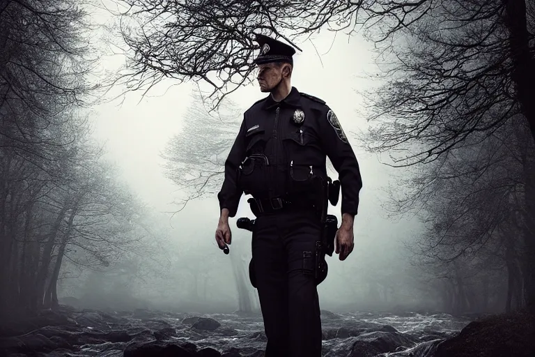 Prompt: an ultra realistic, cinematic, headshot portrait, of a policeman, branches, facial features, background of a vast serene landscape, with trees and rivers, detailed, deep focus, movie still, dramatic lighting, by michal karcz and yoshitaka amano