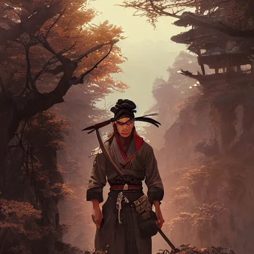 Image similar to Highly detailed portrait of Kurdish samurai, Stephen Bliss, unreal engine, fantasy art by Greg Rutkowski, Loish, Rhads, ferdinand knab, Makoto Shinkai and Lois van baarle, ilya kuvshinov, rossdraws, Tom Bagshaw, alphonse mucha, global illumination, radiant light, detailed and intricate environment, highly detailed, award winning art