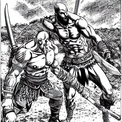 Image similar to god of war, kratos, fight scene still, manga, by kentaro miura