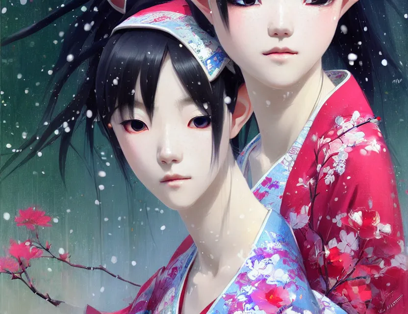 Image similar to a beautiful shibuya 1 0 9 female elf with haori and kimono decollete and jewelry | | snowy, realistic shaded, unpleasant face, channel, fasion, fine details, realistic shaded lighting poster by makoto shinkai, jeremy lipkin, michael garmash, magali villeneuve, artgerm, jeremy lipkin and michael garmash