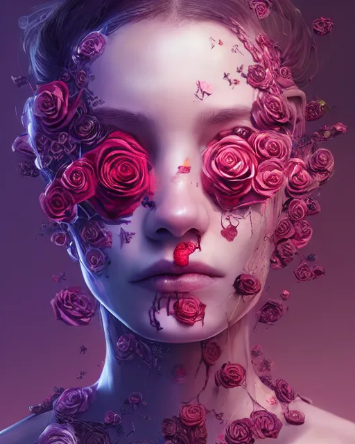 Image similar to portrait of a female face with roses instead of eyes, cyberpunk cyborg. roses, sci - fi, intricate abstract upper body intricate artwork, by tooth wu, wlop, beeple, dan mumford. concept art, octane render, deviantart, greg rutkowski, cinematic arthouse, key art, hyper realism, iridescent accents