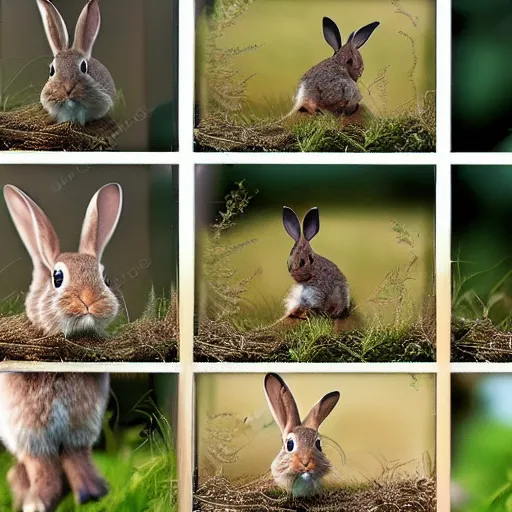 Image similar to a rabbit jumping up over a fence, film strip showing 9 stills in a grid